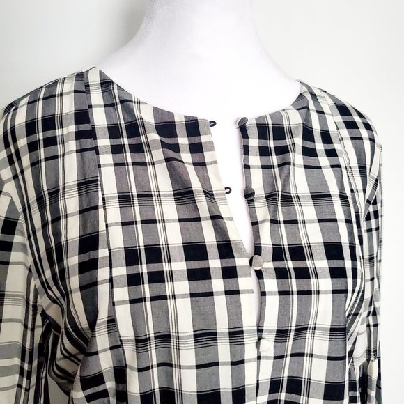Black & White Plaid Baby Doll Blouse Holidaywear Cottagecore Balloon Sleeve - Picture 3 of 9